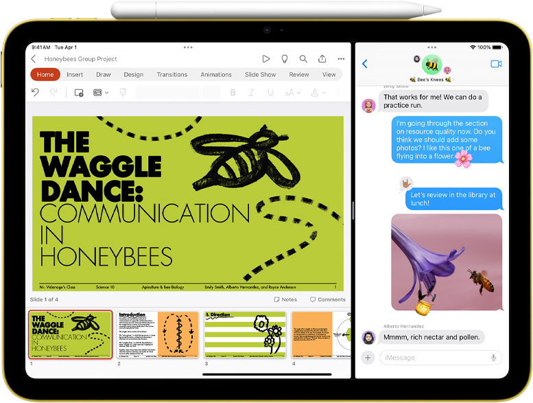 Split View des apps Powerpoint et Messages sur un iPad avec un Apple Pencil fixé par connexion magnétique.