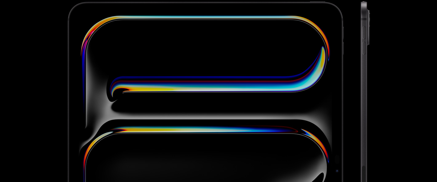 iPad Pro, face avant, orientation portrait, noir sidéral, angles arrondis, cadre d’écran noir, écran affichant un dessin courbé multicolore, sur la droite, iPad Pro, vue latérale, orientation portrait, design fin, boutons d’augmentation et de diminution du volume, système caméra pro en relief