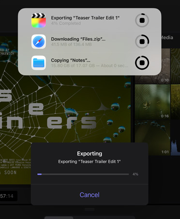 Notification de tâches en arrière-plan montrant l’exportation en cours d’une vidéo, le téléchargement d’un fichier et le déplacement de Notes vers Sauvegarde