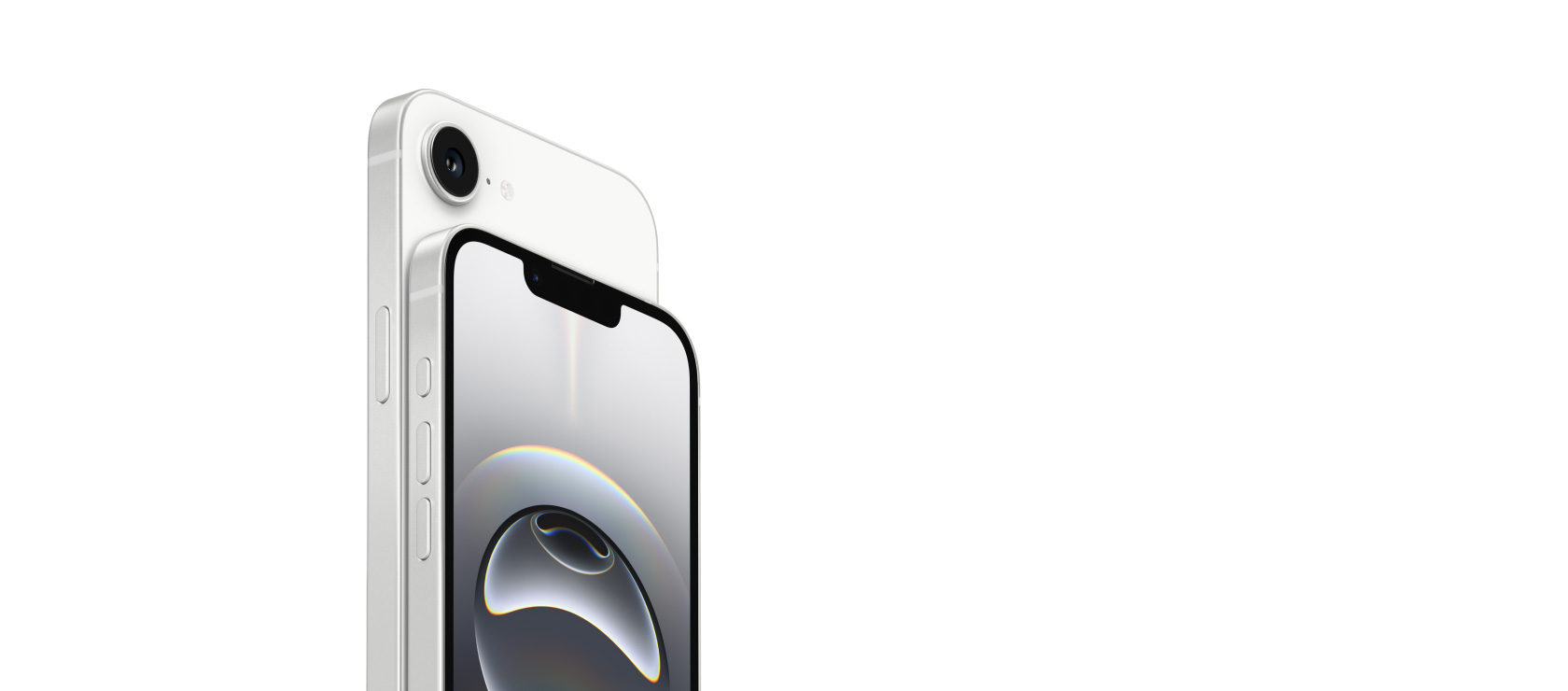 صورة لعرض جزئي للجهة الأمامية من جهاز iPhone&nbsp;16e تعرض شاشة ريتنا، والجهة الخلفية من جهاز iPhone&nbsp;16e تعرض الكاميرا.