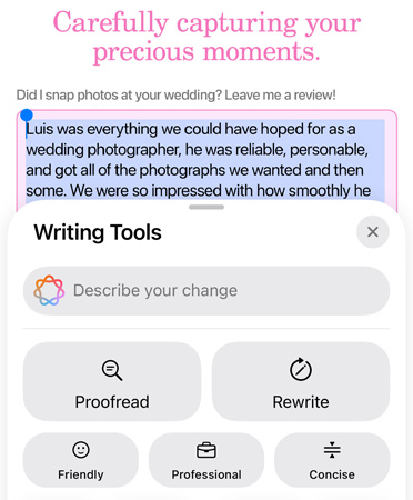 Writing Tools feature in use with options Proofread, Rewrite, Friendly, Professional, and Concise