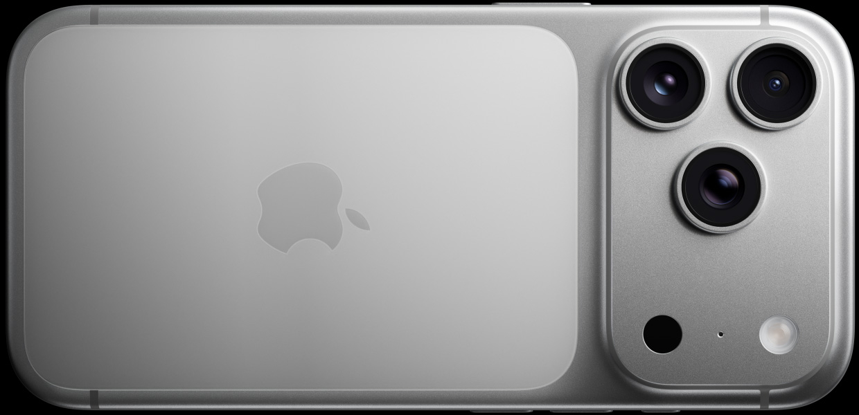 iPhone 17 Pro, argent, face arrière, système caméra Pro Fusion, 3 objectifs, micro, flash