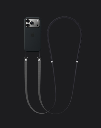 iPhone 17 Pro, parte trasera, color plata, con carcasa de silicona con MagSafe negra y correa cruzada gris oscuro