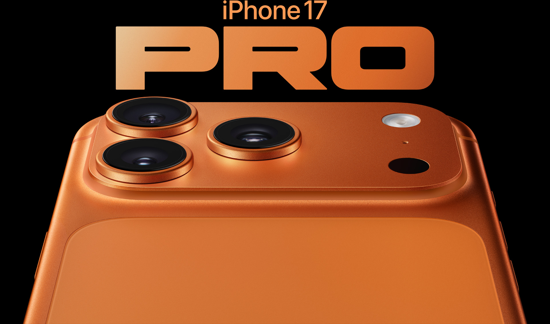 iPhone 17 Pro, naranja cósmico, vista parcial de la parte trasera, sistema de cámaras Pro Fusion en la esquina superior izquierda, 3 lentes, micrófono, flash