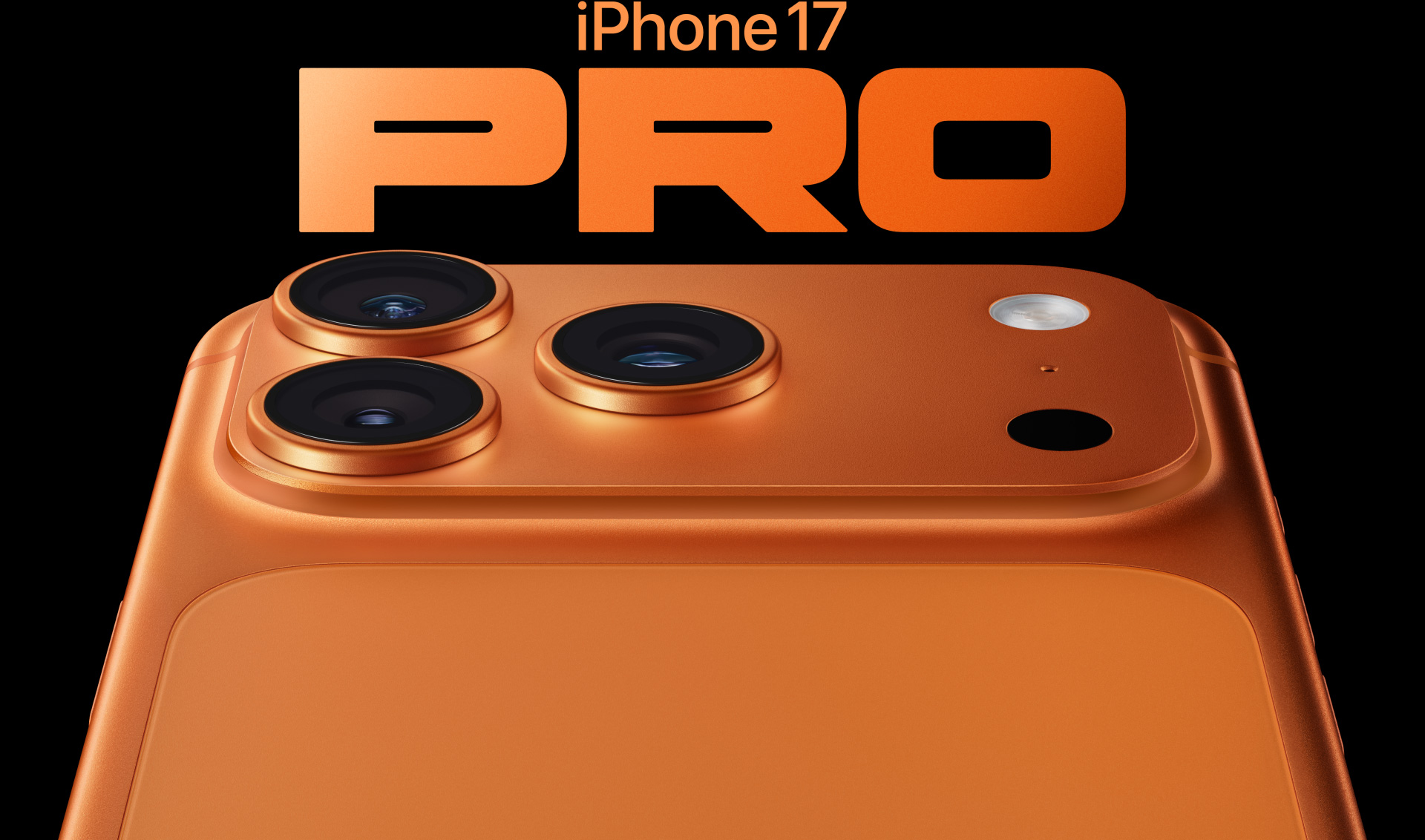 iPhone 17 Pro, acabado naranja cósmico, vista parcial de la parte trasera, sistema de cámaras Pro en la esquina superior izquierda, 3 lentes, micrófono, flash
