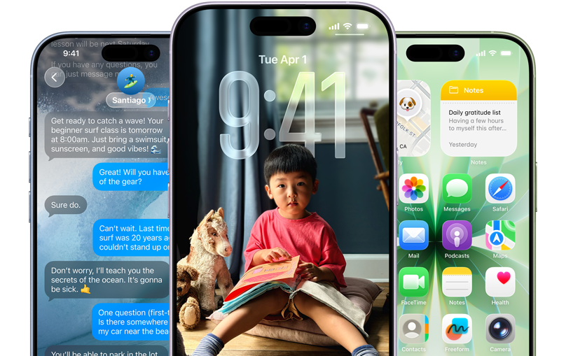 iPhone 17 устройства, преден екстериор, цветове: синя мъгла, лавандула, градински чай, iOS функции - Фон със съобщения, Liquid Glass показващ Lock Screen и Home Screen с различни приложения