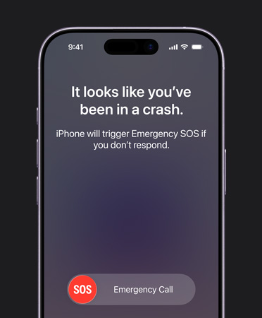 iPhone 17, вид спереду, заокруглені кути, використовується функція «Виявлення аварій»