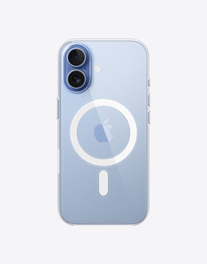 iPhone 17, parte posterior, funda transparente con MagSafe, sistema de dos cámaras Fusion en la esquina superior izquierda