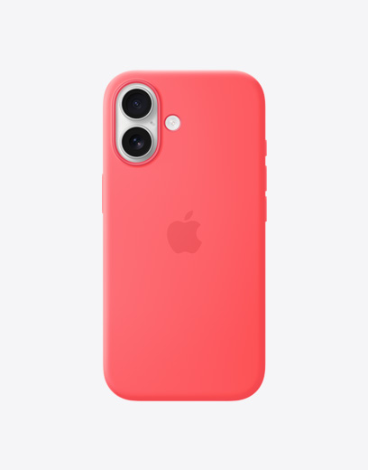 iPhone 17, parte posterior con funda de silicón color guayaba brillante, sistema de dos cámaras Fusion en la esquina superior izquierda, logo de Apple en el centro