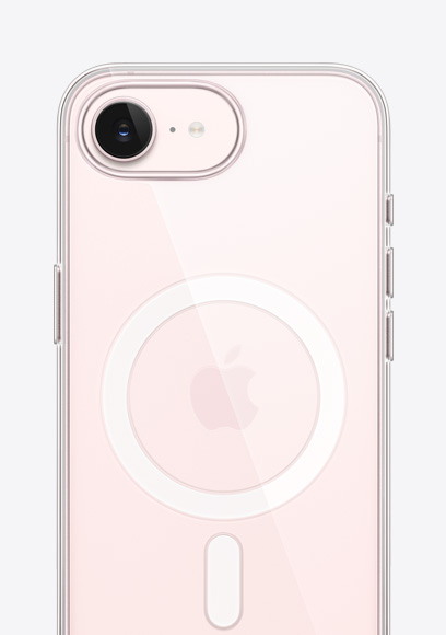 iPhone 17e, parte posterior, acabado rosa pálido, con funda transparente con MagSafe, cámara Fusion en la parte superior, logo de Apple en el centro