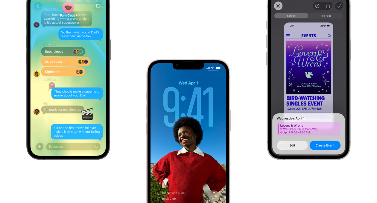 Kolme iPhone 17e ‑laitetta, etupuoli, esillä Viestit-appi ja Liquid Glass ‑ulkoasu, dynaaminen lukittu näyttö ja näyttökuvaominaisuus, kun käytössä on kalenteritapahtuma