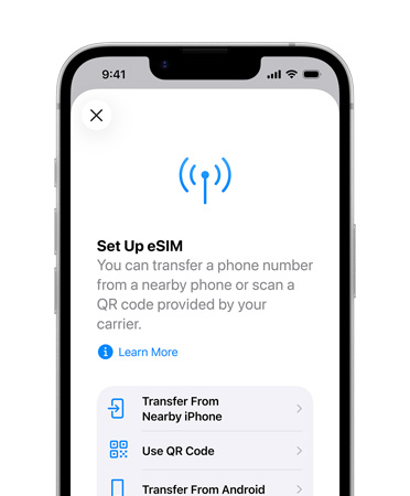 iPhone 17e, etupuoli, näkyvillä eSIMin käyttöönottotoiminto, jolla siirretään puhelinnumero lähellä olevasta puhelimesta tai skannataan QR-koodi