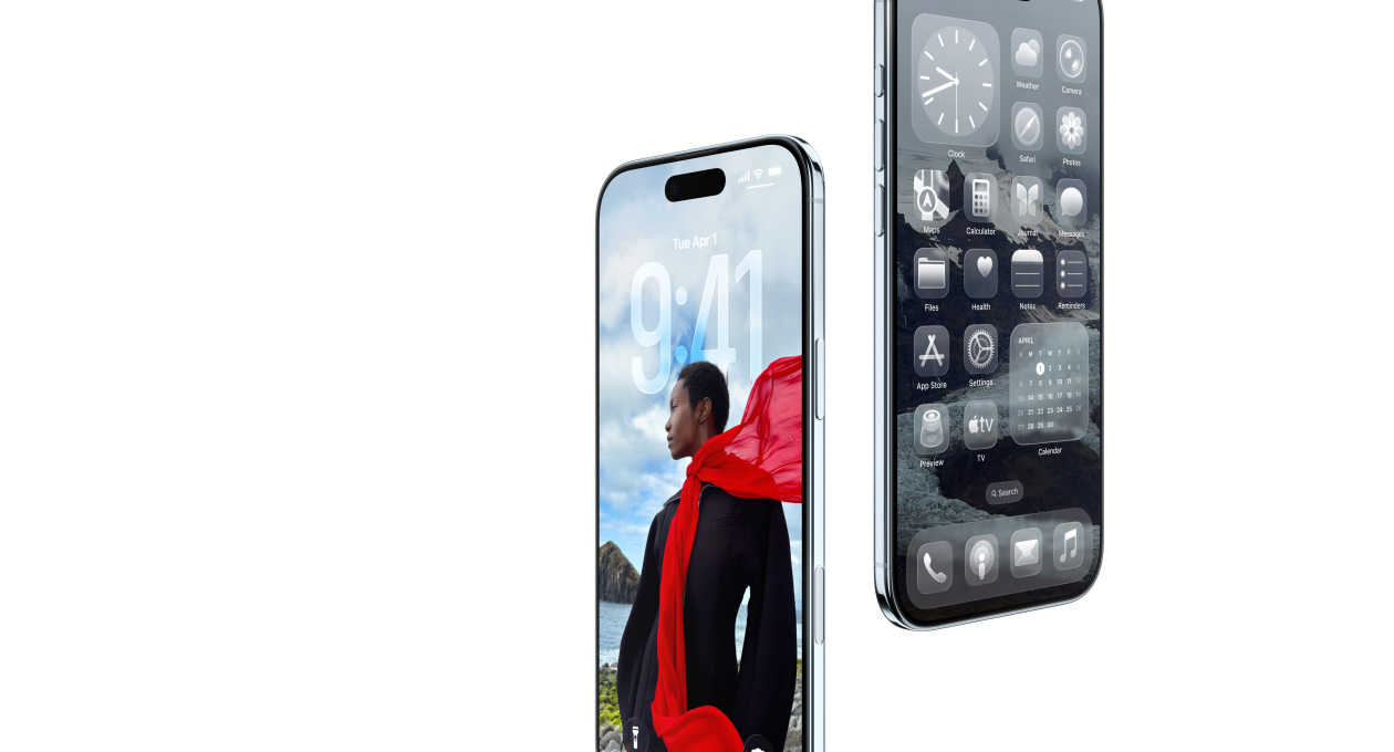 Δύο συσκευές iPhone Air, μπροστινή εξωτερική όψη, πλαϊνή εξωτερική όψη, λεπτό προφίλ, δυναμική οθόνη κλειδώματος με apps Liquid Glass