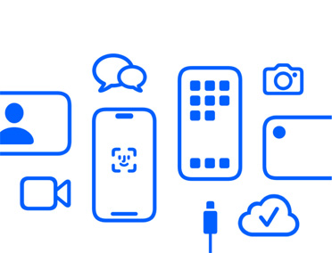 Dispositivi e funzioni Apple, iCloud, iPhone con Face ID e cavo di ricarica, Fotocamera, messaggistica, Messaggi.