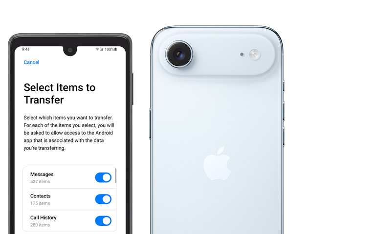 Côte à côte, écran Android affichant l’app Migrer vers iOS, iPhone Air, face arrière, système caméra Fusion en saillie, flash de la caméra