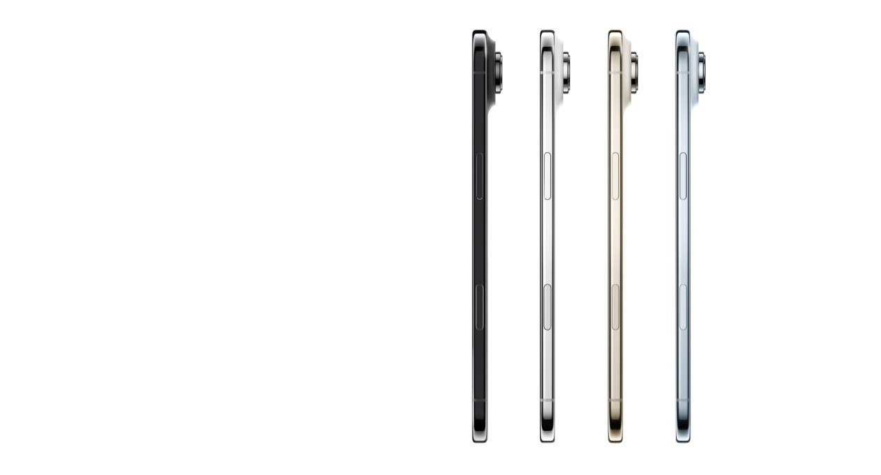 iPhone Air, Seitenansicht, Farben: Himmelblau, Lichtgold, Wolkenweiss und Space Schwarz, sehr dünnes Profil, Fusion Kamera-System, Tasten: Seitentaste, Kamerasteuerung