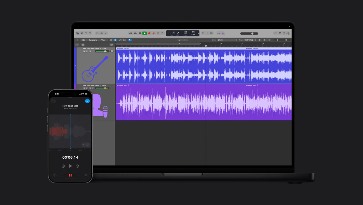 MacBook Pro 16 screen showing workspace with two rows for vocal and guitar, soundwaves, iPhone 17 Pro screen of Logic Pro Voice Memos, recording in red, sound waves, play button, new song idea, date, and duration
