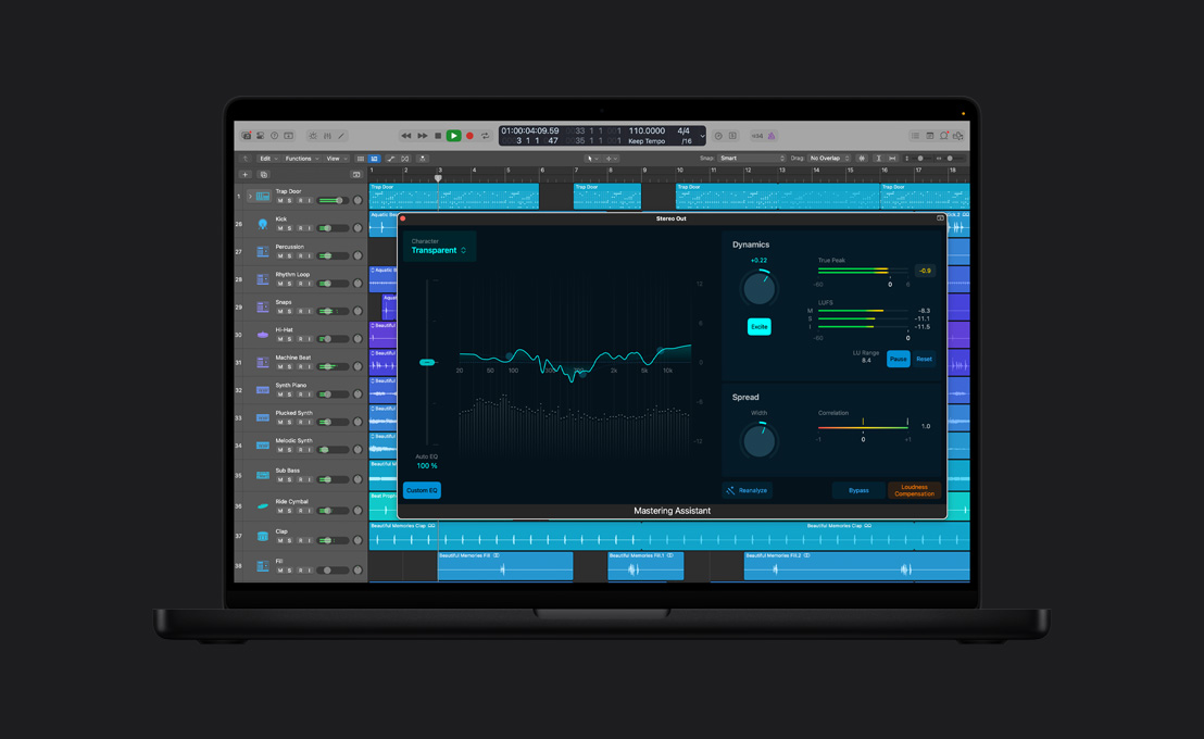 MacBook Pro 16 screen showing Mastering Assistant, Stereo Out window with Custom EQ graph on the left, analyzed Dynamics and Spread, and adjustments on the right