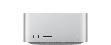 Mac Studio, front, two USB-C ports, SDXC card slot, status indicator light, tapered base at bottom, flat top, rounded sides, straight edges, silver color