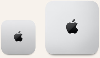 Two Mac mini devices, top, silver aluminum, rounded corners, glossy black Apple logo centered, one device is the updated release and less than half the size of the other device