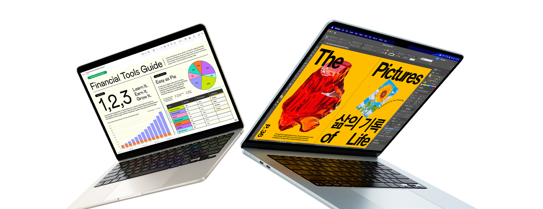 Due MacBook Air, uno da 13 pollici e uno da 15 pollici; sullo schermo del primo è mostrato un progetto in Numbers, mentre sull’altro si nota un progetto di design