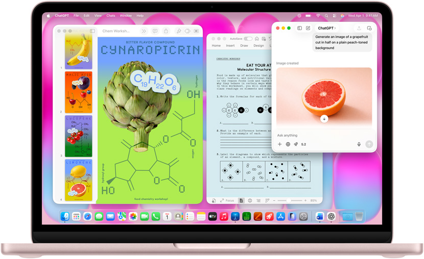 MacBook Neo, blush colour, using ChatGPT to generate image of grapefruit, other windows contain a Keynote document titled molecule posters with images of fruits and vegetables and associated molecular compounds, and a related Microsoft Word document