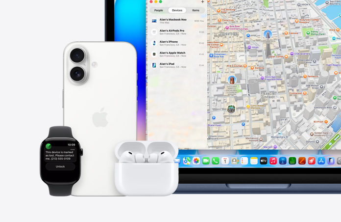 Apple Watch, text onscreen reads ”This device is marked as lost, please contact me” with phone number, next to iPhone, AirPods Pro and MacBook Neo, indigo colour, screen shows Find My app with map and list of devices with their locations