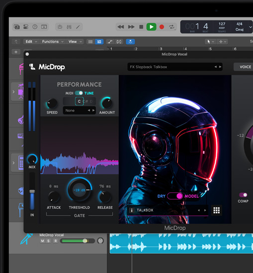 Bildschirminhalt auf einem MacBook Pro, der das MicDrop Plug‑in zeigt, das KI Features nutzt, um eine Gesangsaufnahme in Logic Pro zu bearbeiten