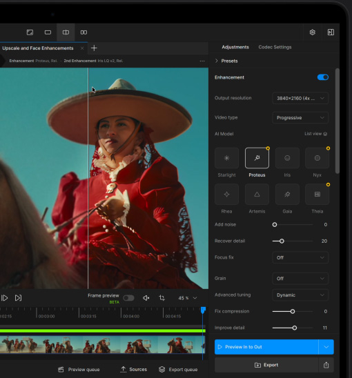Ein MacBook Pro Display zeigt ein Video, das mit KI in Topaz Video optimiert wird