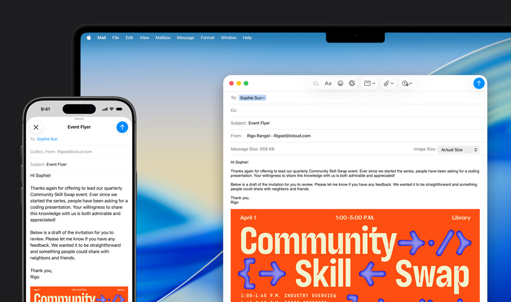 iPhone 16 Plus und MacBook Pro, Mail App geöffnet, auf beiden Displays wird derselbe E-Mail Entwurf angezeigt