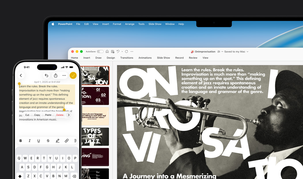 Ein iPhone 16 Plus mit hervorgehobenem Text in der Notizen App, ein MacBook Pro mit einer geöffneten Microsoft PowerPoint Folie, Text aus der Notizen App ist auf der Folie sichtbar