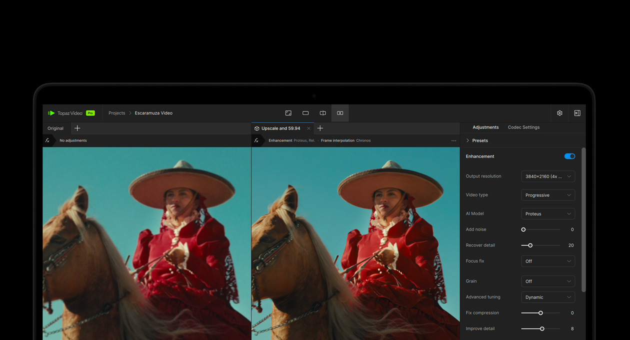 Ein MacBook Pro Display zeigt ein Video, das mit KI in Topaz Video optimiert wird