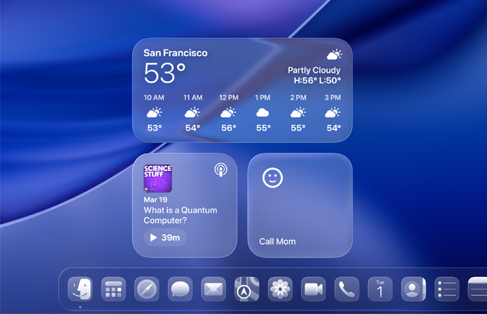 Liquid Glass Widgets für Wetter, Podcasts und Erinnerungen auf einem macOS Tahoe Bildschirm
