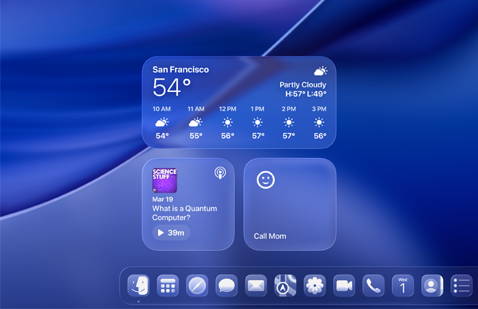 Liquid Glass Weather, Podcasts, and Reminders widgets on macOS Tahoe screen