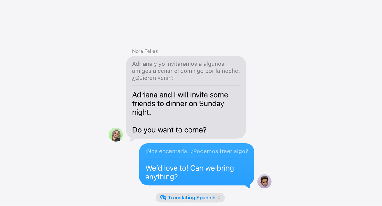 الترجمة المباشرة في تطبيق الرسائل تعرض مثالاً على الترجمة التلقائية بين اللغتين الإسبانية والإنجليزية