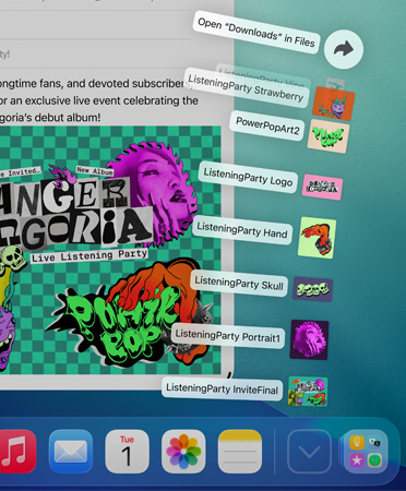 A Dock közeli képe, amint alulról, függőlegesen egy sor fájl indul ki belőle legyezőszerűen