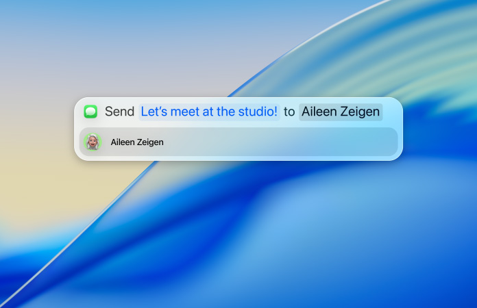 Uživatel píše ve Spotlightu textovou zprávu k odeslání přes aplikaci Zprávy