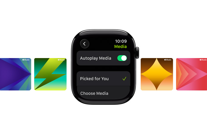 Apple Watch in center in Jet Black, no band, with Picked for You and Choose media options on face, with Outdoor Cycle in green letters at top with custom Apple Music wallpapers in background