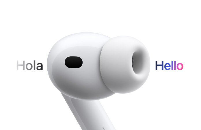 AirPods Pro 3 bud demonstrating Live Translation from Spanish to English