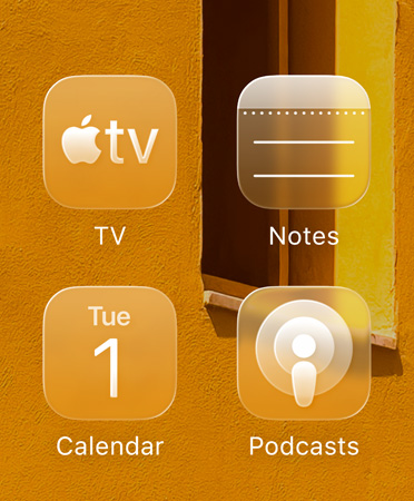 Close up of the new tinted app icons, featuring the Apple TV app, Notes, Calendar, and Podcasts