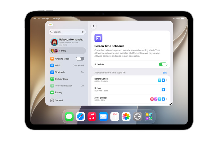 iPad Pro 11-inch, Silver, screen shows Time Allowance and Screen Time Schedule options in Settings to allow time and media categories for their child