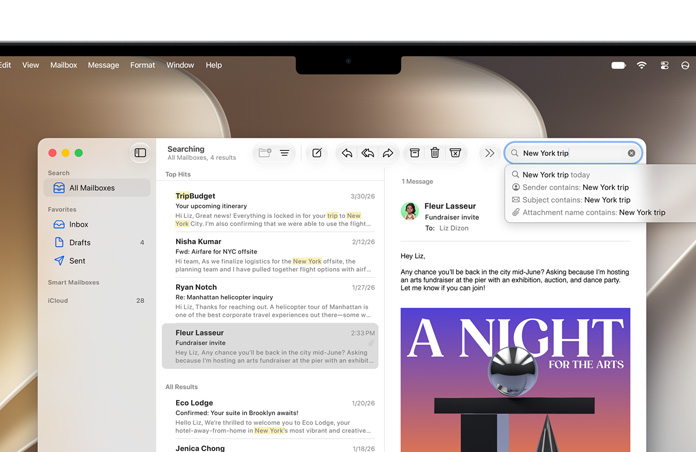Mail app open on a MacBook screen, emails regarding a New York trip are listed, words New, York and trip highlighted in yellow where they appear in each email