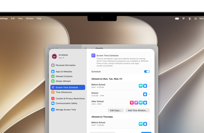 MacBook Pro screen shows Time Allowance and Screen Time Schedule options in Settings to allow time and media categories for a child