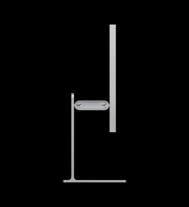 Studio Display XDR fixé sur le support à inclinaison et hauteur réglables, vu de côté pour mettre en évidence le bras balancier