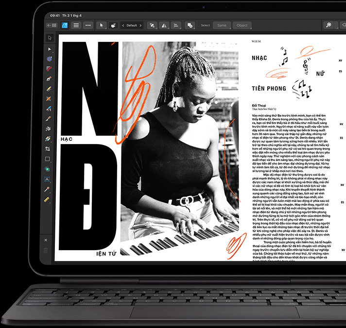 iPad Pro, vỏ ngoài mặt trước, nằm ngang, màu đen không gian, gắn với Magic Keyboard, đang mở, vỏ ngoài mặt trước, nằm ngang, màu đen, màn hình iPad Pro hiển thị một bài báo đang được chỉnh sửa